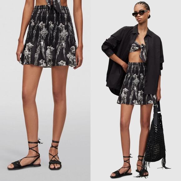 All Saints Dresses & Skirts - All Saints Linen Floral Black Gray Smocked Ruffle Riah Mia Pull On Mini Skirt 2